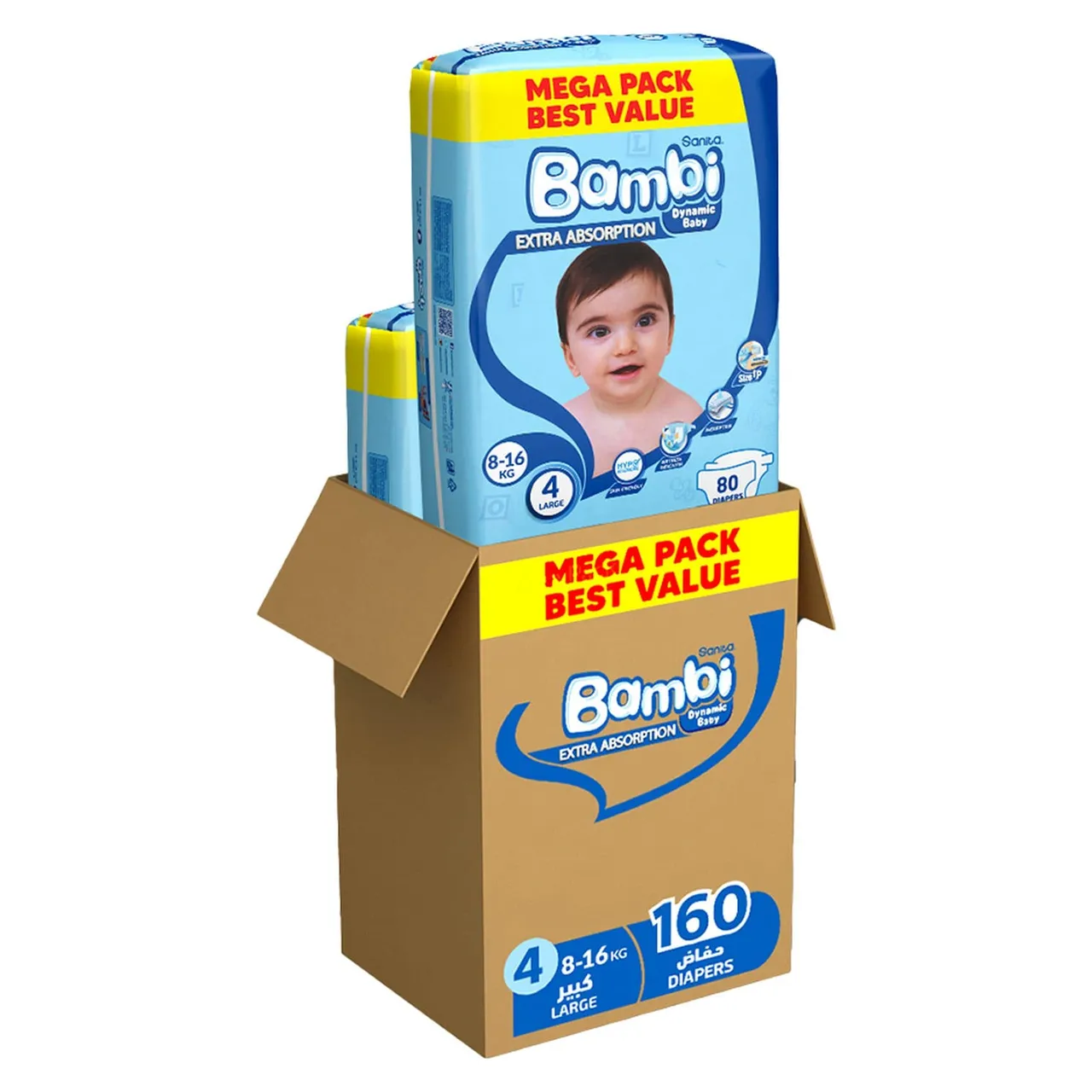 Sanita Bambi Dynamic حفاضات أطفال كبيرة مقاس 4 عبوة Mega 8- عدد 80 حفاضة