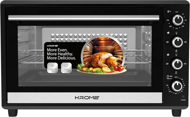 Krome Electric Oven with Rotisserie – Convection Fan, 4 Knob Control, Double Glass Door, Stainless Steel Heating Elements, Includes Bake Tray & Accessories - KR-EO120RC