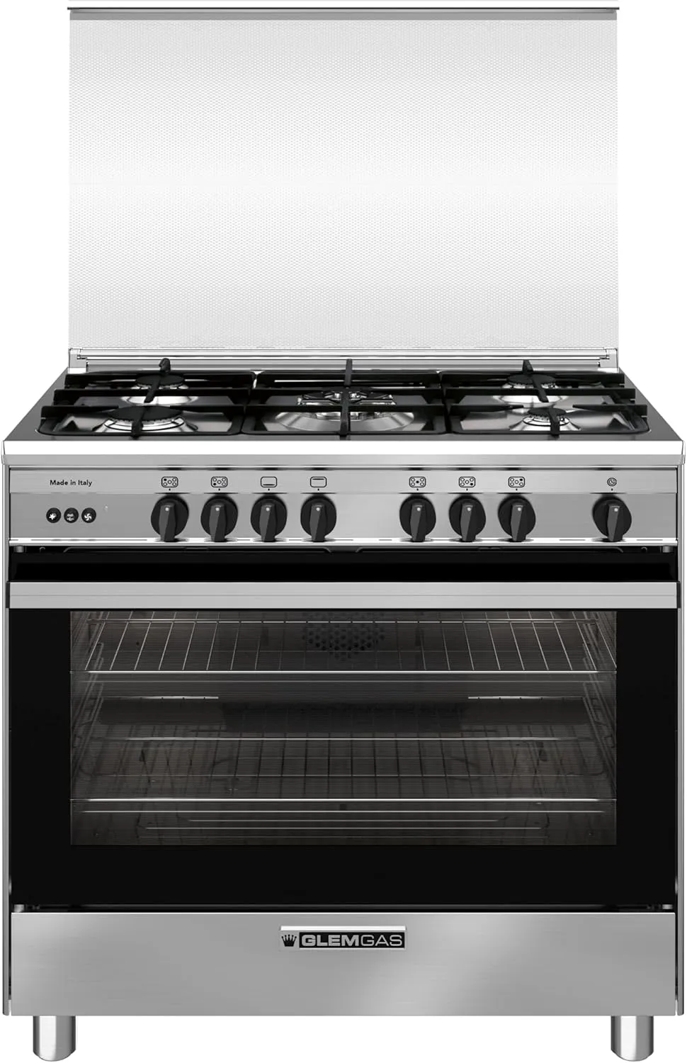 Glemgas 90x60 Freestanding Gas Cooker with 5-Burner, Cast Iron Grids, Full-Safety, Maxi Gas Oven120L with FAN, Storage Compartment, Cooling Fan, Closed Door Grilling, SE9612RIFS