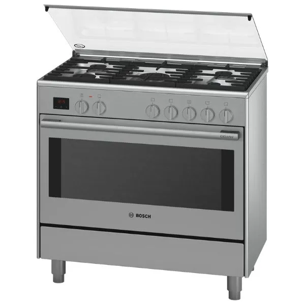 Bosch فرن غاز 90cm بشعلات كهربائية | حديد زهر | أمان كامل | سعة كبيرة جدا | سيخ دوار | HSB738357M