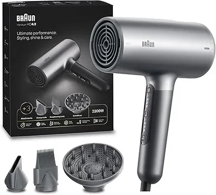 generic Braun Hair dryer HD4.3 Ultimate Performance, Styling, Shine & Care, HTDC Motor, 2200 Watts, Touch Control, with Drying Nozzle, Straightening Comb, Curl Diffuser, BRHD435SDE - Electro Grey