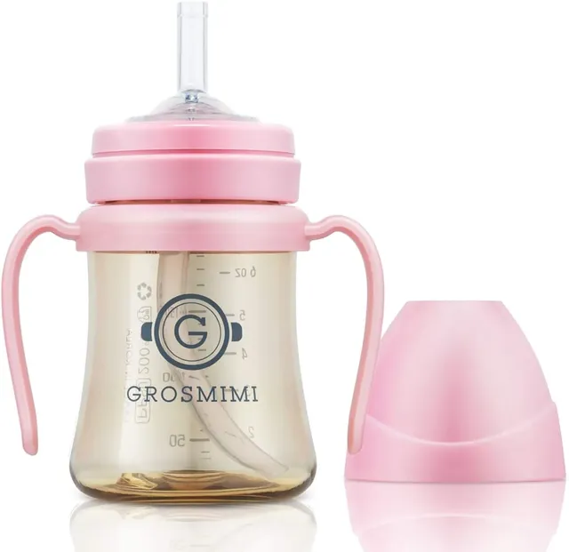 grosmimi Spill Proof No Spill Magic Sippy Cup with Straw with Handle for Baby and Toddlers, Customizable, PPSU, BPA Free 6 oz (Pink)
