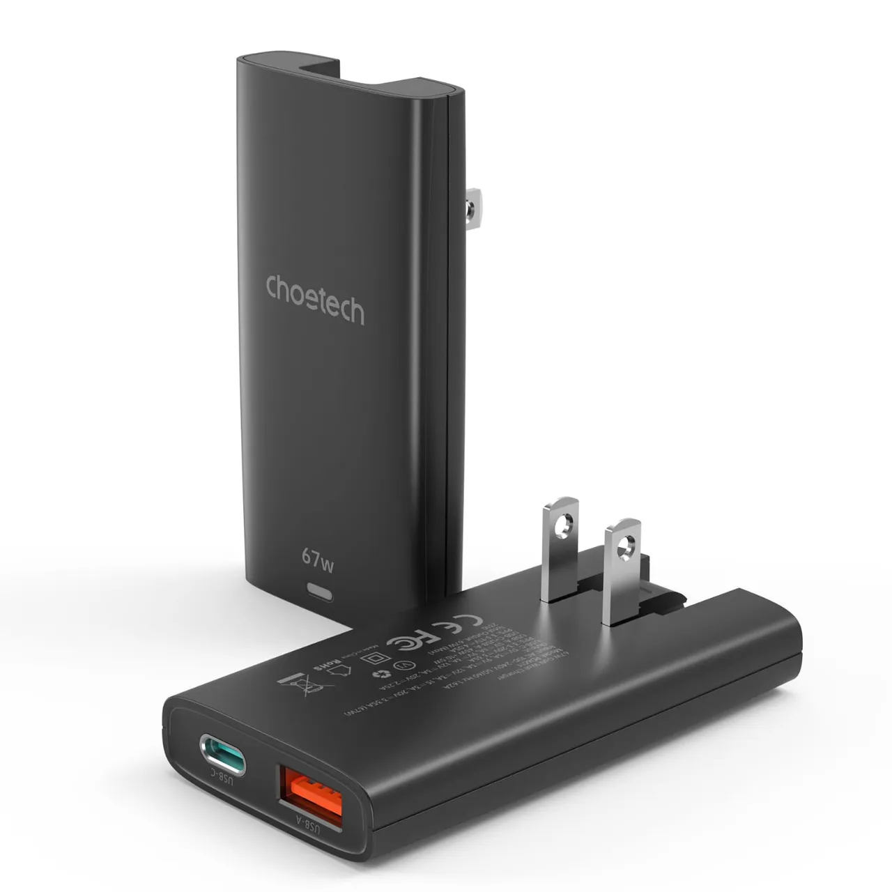 Choetech شاحن جداري مزدوج GaN بقدرة 67W، أسود، PD6011