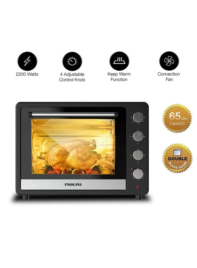 Nikai Electric Oven, Adjustable Temperature, 4 Stages Heating, 120MIN Timer With Bell, High-Efficiency S.S. Heating, Rotisserie & Convection, Inside Light, 2200W NT6500SRC2 Black