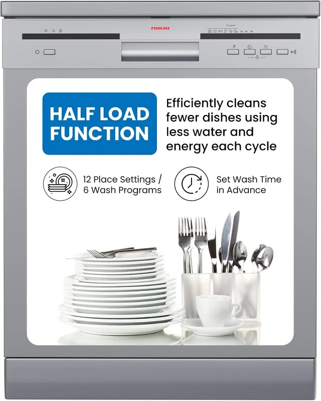 Nikai 12 Place Settings Freestanding Dishwasher with Adjustable Basket Silent Operation 6 Wash Programs White/Silver Finish – NDW3112PS