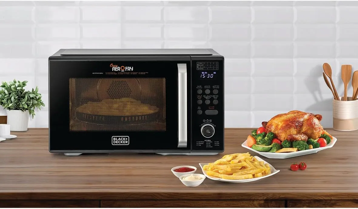 Black+Decker فرن ميكروويف رقمي 4 في 1 مع مقلاة هوائية وشواية وحمل حراري سعة 10 قوائم طهي تلقائية 9 برامج للقلي الهوائي 5 مستويات طاقة إضاءة LED مثالي للعائلات أسود MZAF2910-B5