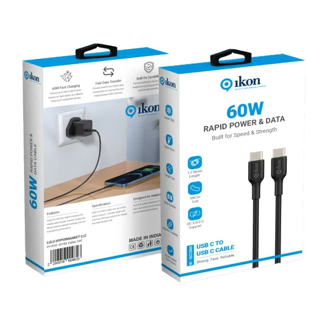 Ikon 60W USB Type-C to USB Type-C Cable, Black/White, 1.2m, IK-IDCC060