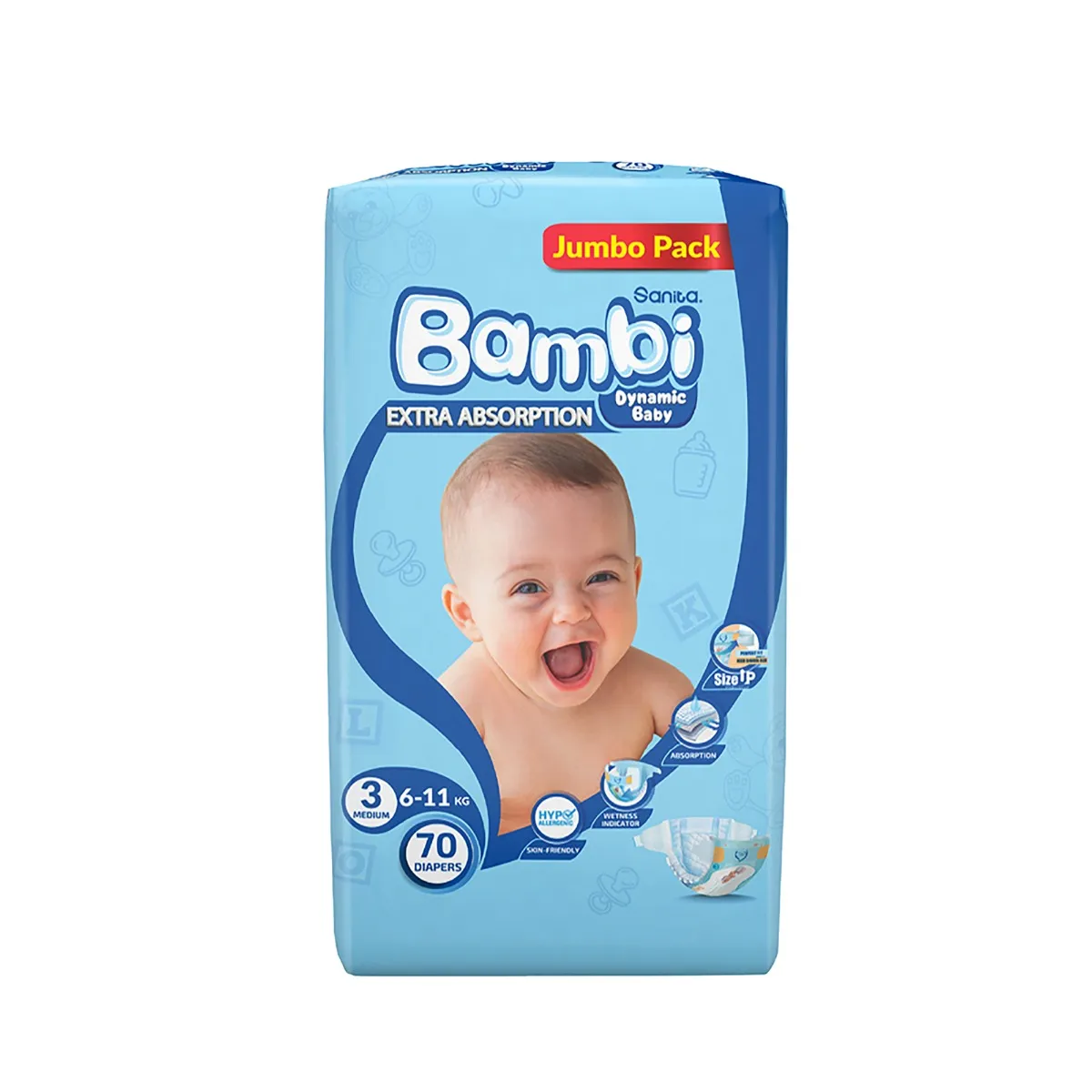 حفاضات أطفال Sanita Bambi مقاس متوسط 3 (6- ) - 70 Pcs