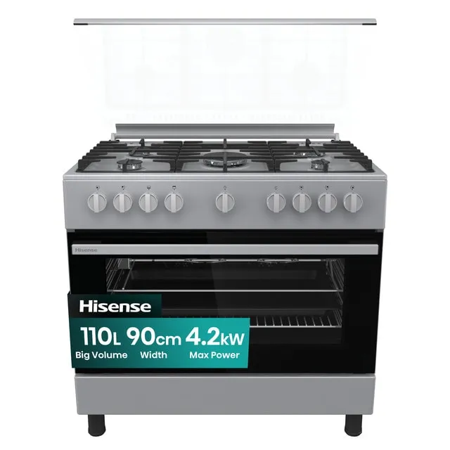 Hisense 90x60cm Freestanding, 5 Sabaf burners Gas Cooker With Dual Turbo Fan, Multifunction Oven, Cast Iron Pan Support, One Hand Ignition, Stainless Steel, HG19B22S, 1 Year Warranty, Made in Turkey