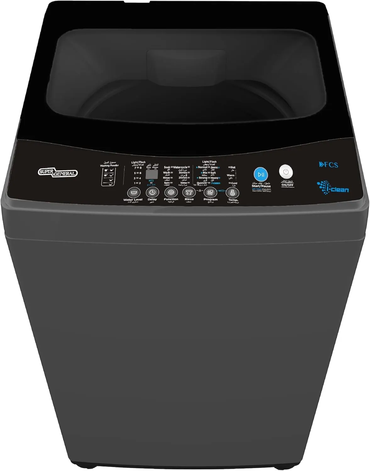 Super General غسالة تحميل علوي أوتوماتيكية بالكامل SGW1252S بسرعة 700 RPM و8 برامج وغطاء زجاجي إغلاق ناعم وشاشة LED وقفل أطفال وتنظيف الحلة بمقاس 61.1x60.1x101.5cm أسود بضمان 1-Yr