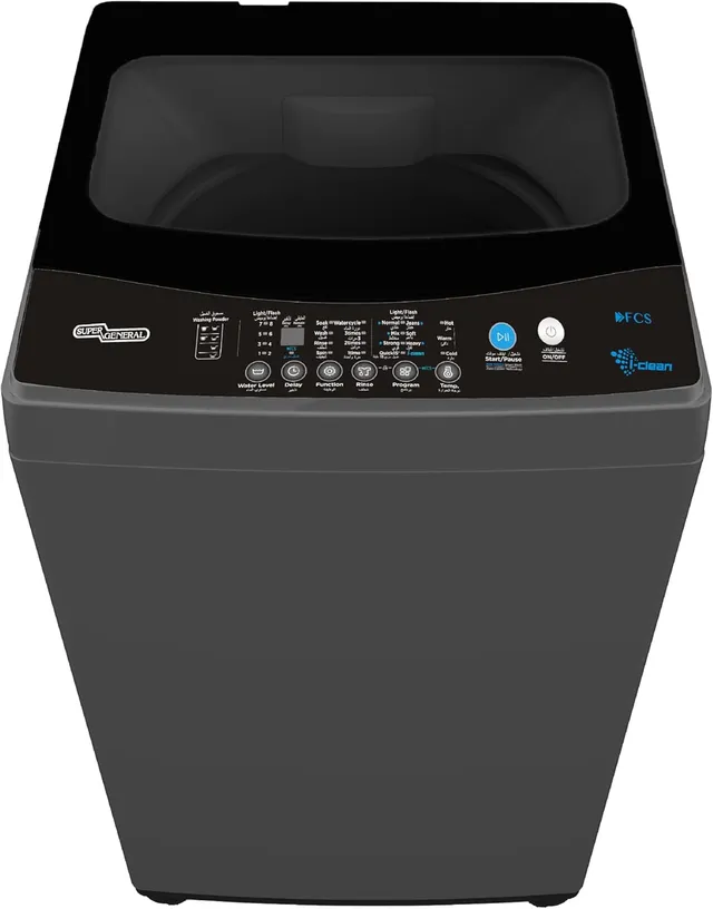 Super General Fully Automatic Top Load Washing Machine SGW1252S, 700 RPM, 8 Programs, Soft Close Glass Lid, LED Display, Child Lock, Drum Clean, 61.1x60.1x101.5cm (WxDxH), Black, 1-Yr Warranty