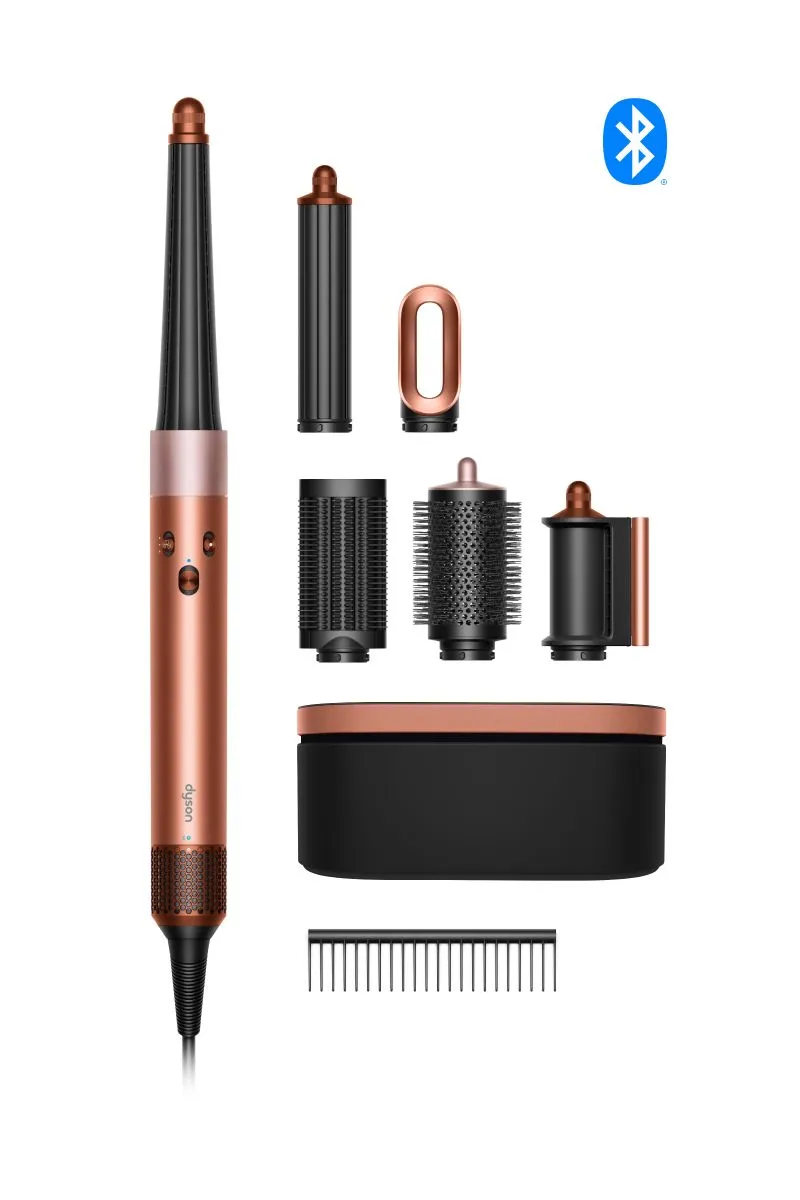 Dyson مصفف ومجفف الشعر Airwrap i.d للشعر المستقيم+المموج، موتور 110000 RPM، تدفق هواء Coanda Airflow، تقنية بلوتوث لاسلكية Bluetooth Wireless Technology، حرير كهرماني/نحاسي وردي Amber Silk/Pink Copper- HS08 AS- نسخة عالمية