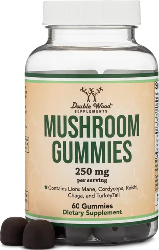 Double Wood Supplements Mushroom Gummies Supplement 60 Count, 2,500mg Equivalent from 250mg Lions Mane, Cordyceps, Reishi, Chaga, and Turkey Tail 10:1 Extracts Per Serving (for Immune Support)