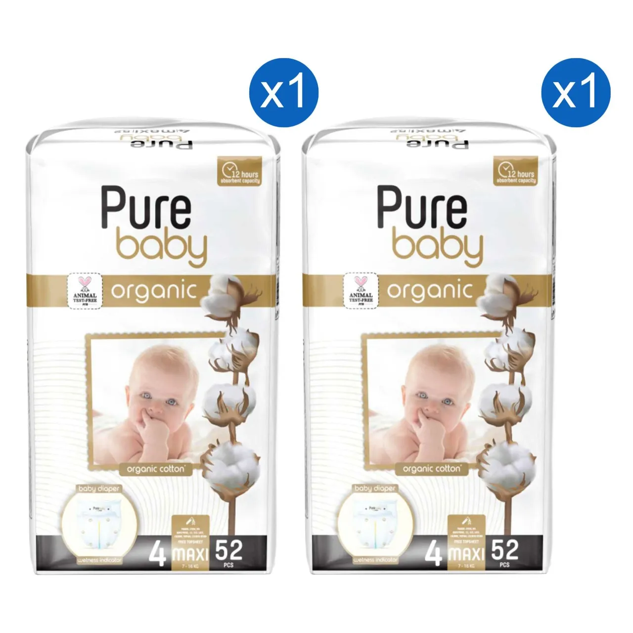 Pure Baby حفاضات أطفال عضوية نقية، مقاس ماكسي 4 (7-)، 52 حفاضة