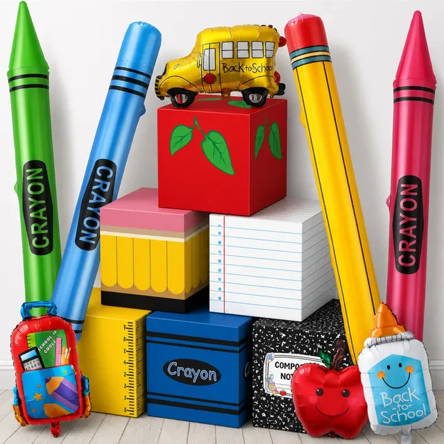 Justforjoyful Giant Back to School Party Decorations Composition Notebook Balloon Boxes Inflatable Pencil Crayon Apple Balloons Photo Booth Props for Classroom Preschool Kindergarten Supplies Favor
