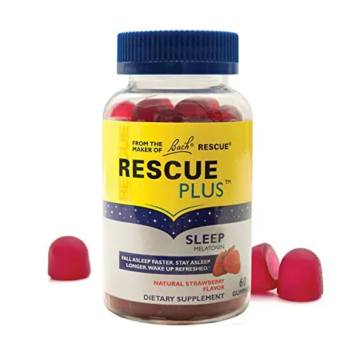rescue Plus حلويات ميلاتونين للنوم، بنكهة الفراولة الطبيعية، مساعد نوم، تخفيف التوتر، مكمل غذائي، نباتي، خالٍ من الغلوتين، بدون نكهات صناعية وألوان ومواد حافظة، 60 Count