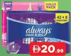 Always Clean & Dry ماكسي سميكة / ناعمة كالقطن، مقاس كبير