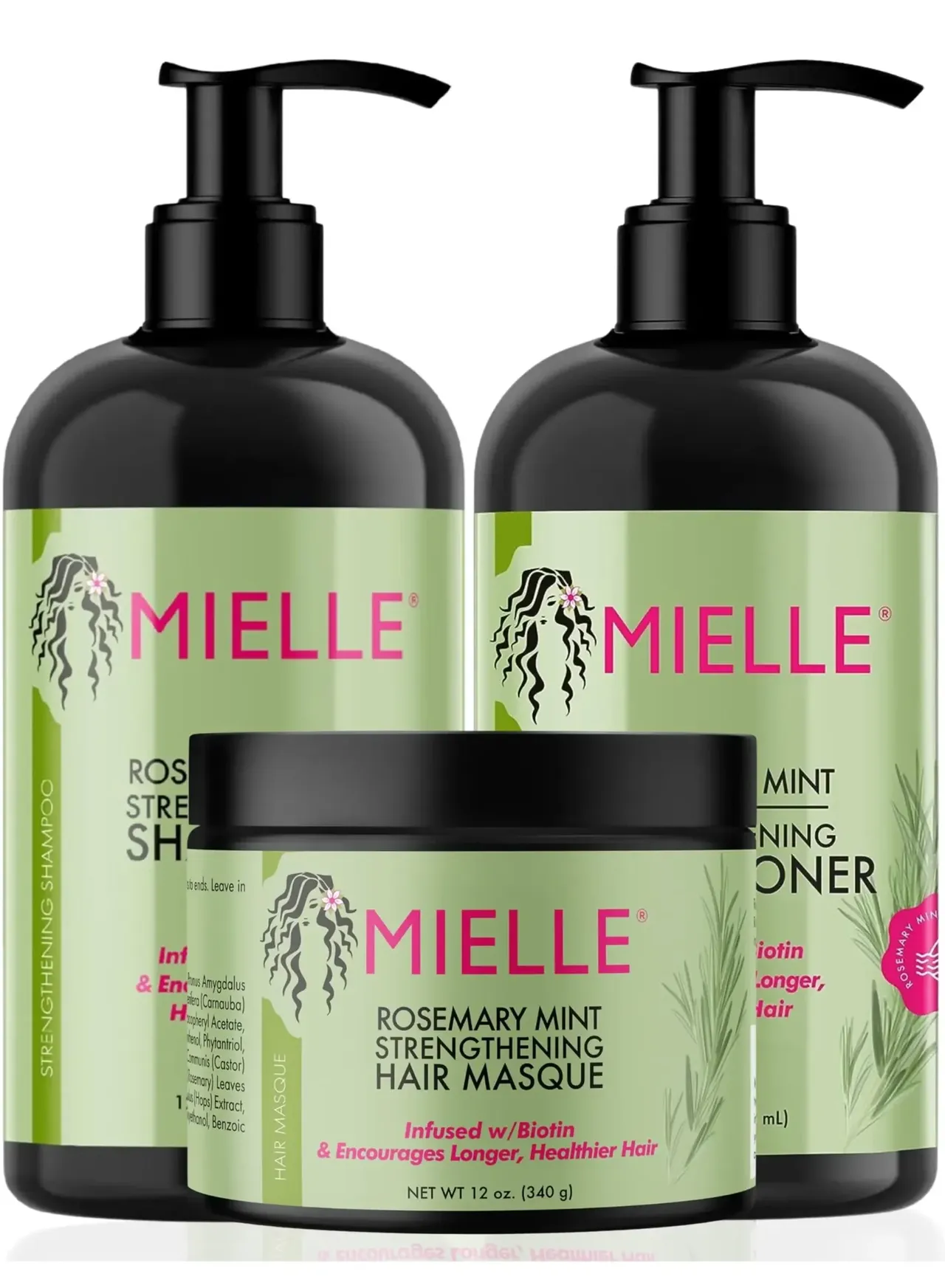 mielle طقم تقوية Organics بإكليل الجبل والنعناع - شامبو وبلسم وقناع شعر - بالبيوتين، ينظف ويساعد على تقوية الشعر الضعيف والهش