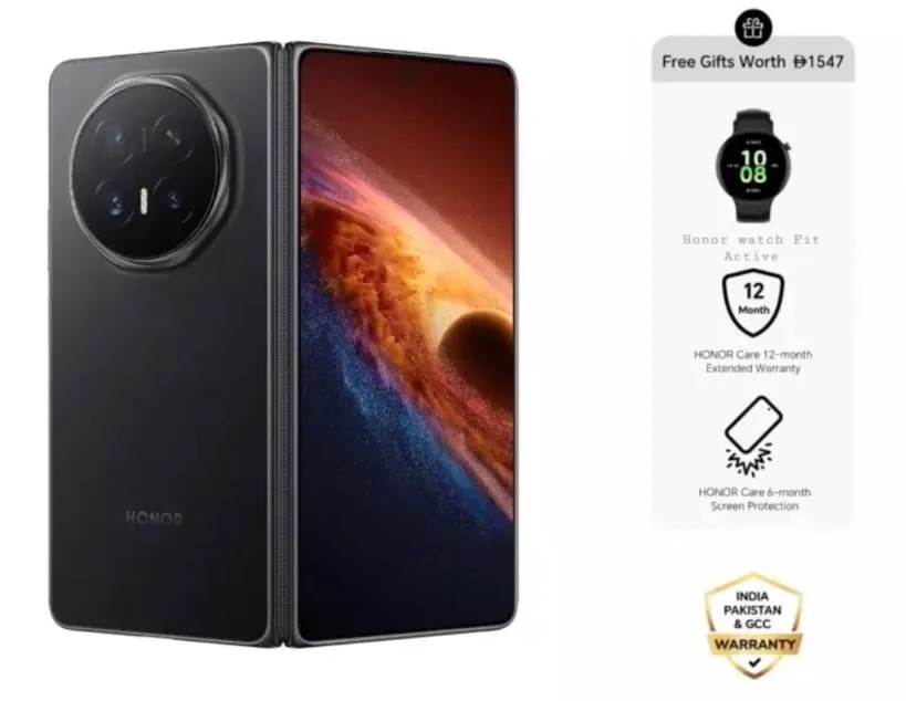 هاتف ذكي قابل للطي Magic V6، شريحتين، ذاكرة 16GB RAM وتخزين 512GB 5G، أسود مع ساعة Honor Watch Fit Active، حماية شاشة 6 أشهر وضمان ممدد 12 شهر