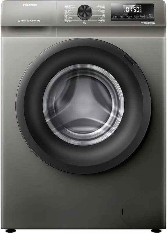 Hisense WFQP8012T – front-load washing machine with 1200 RPM spin speed, inverter motor, and multiple wash programs