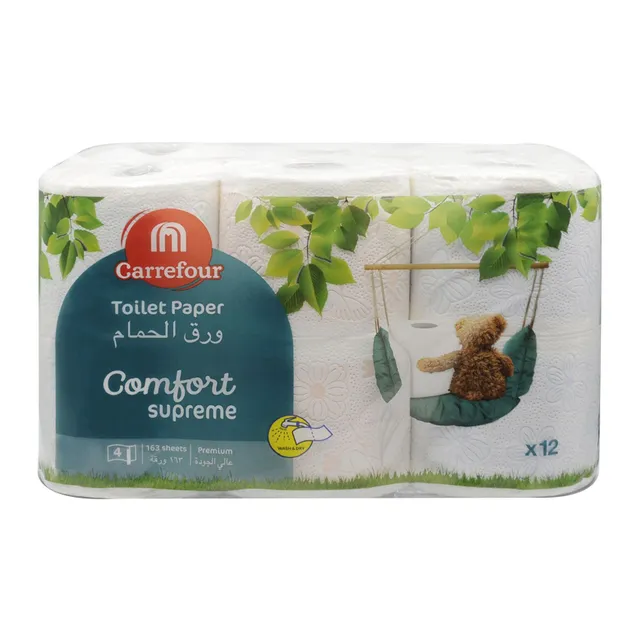 Carrefour Supreme Comfort Toilet Paper Roll White 4 Ply 163 Sheets 12 Rolls