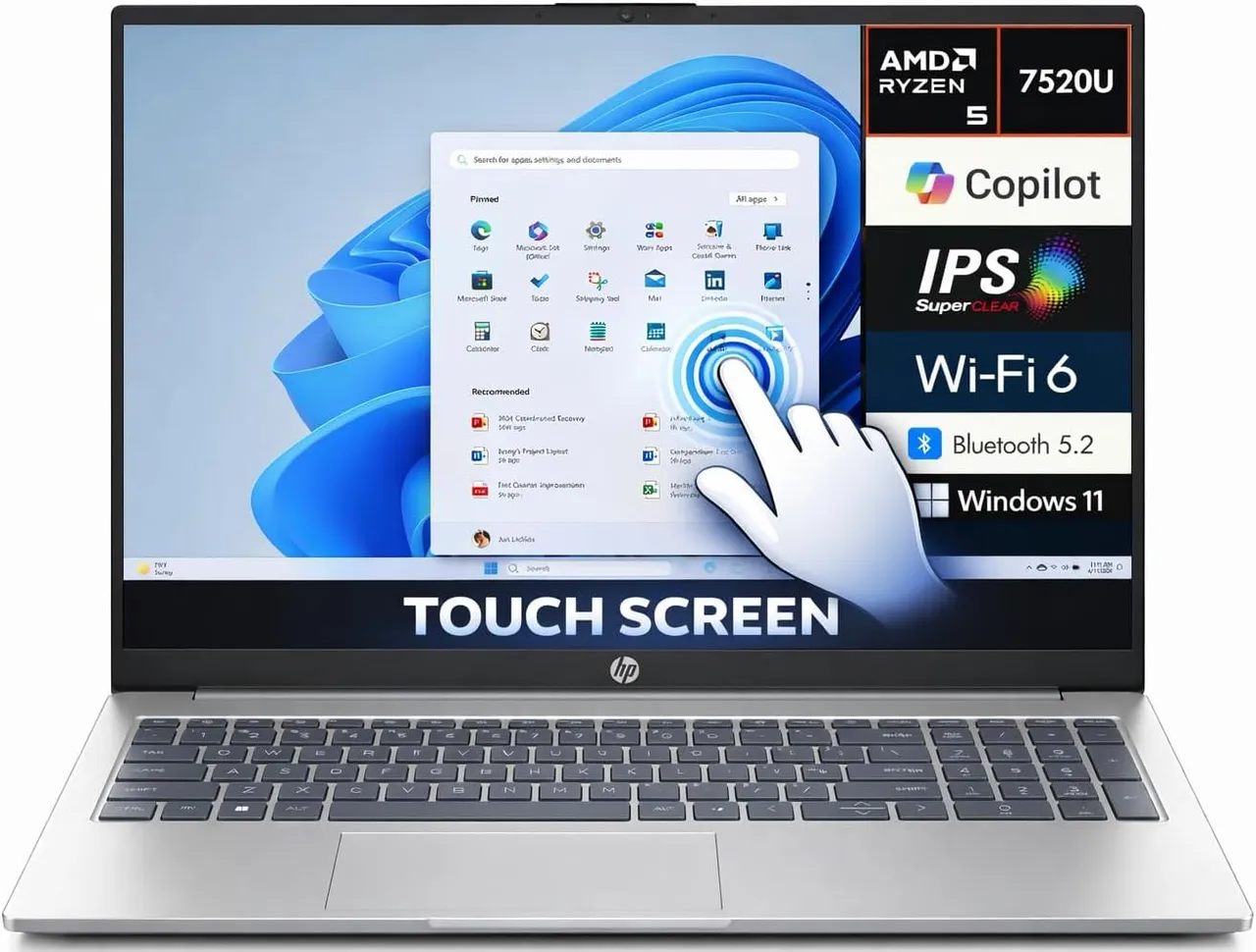 HP لابتوب - معالج AMD Ryzen 5-7520U، شاشة لمس 15.6inch FHD، تخزين 512GB SSD، ذاكرة 8GB RAM، رسومات AMD Radeon المشتركة، نظام Win11، لوحة مفاتيح إنجليزية، فضي طبيعي - [15-FC0146DX]