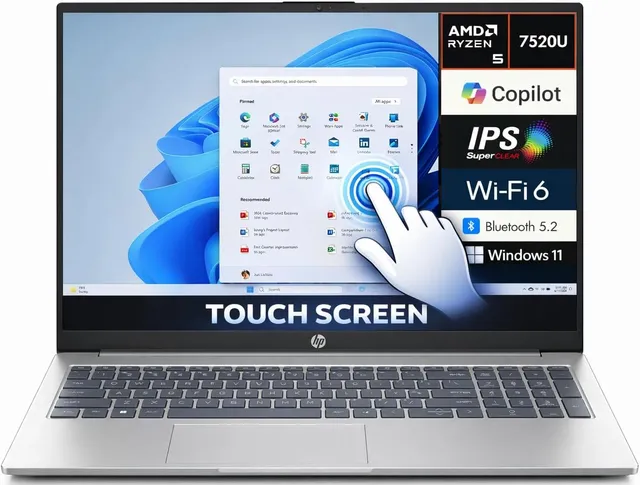 HP Laptop - AMD Ryzen 5-7520U 15.6inch FHD Touch Display 512GB SSD 8GB RAM Shared AMD Radeon Graphics Win11 Eng Keyboard Natural Silver - [15-FC0146DX]