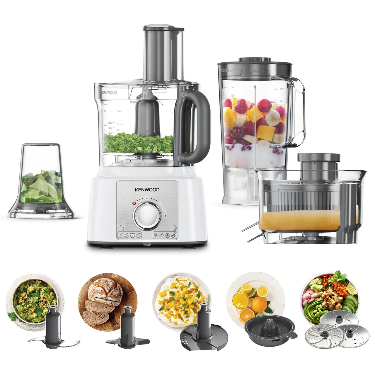 Kenwood محضرة طعام 1000W متعددة الوظائف مع 3 أقراص ستانلس ستيل، خلاط، مطحنة، عصارة، خفاقة، عجانة، عصارة حمضيات FDP65.750WH أبيض