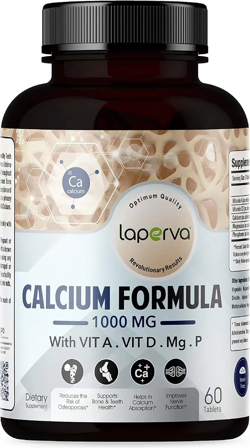 laperva تركيبة الكالسيوم 1000mg مع المغنيسيوم 500mg وفيتامين D3 يقلل خطر الإصابة بهشاشة العظام ويدعم صحة العظام والأسنان ويحسن وظيفة الأعصاب 60 قرص