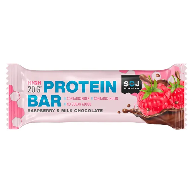 Soj PROTEIN BAR no sugar added raspberry flavored protein bar coated in milk chocolate