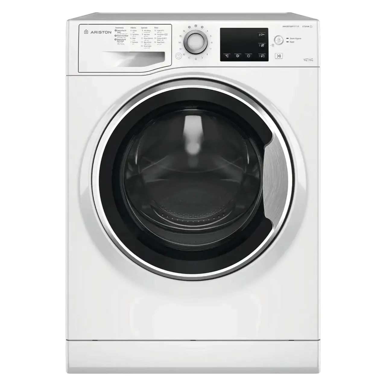 Ariston غسالة ومجفف تحميل أمامي 9/ NDB9648WSGCC، بدء مؤجل، 1400 rpm، ستانلس ستيل، أبيض