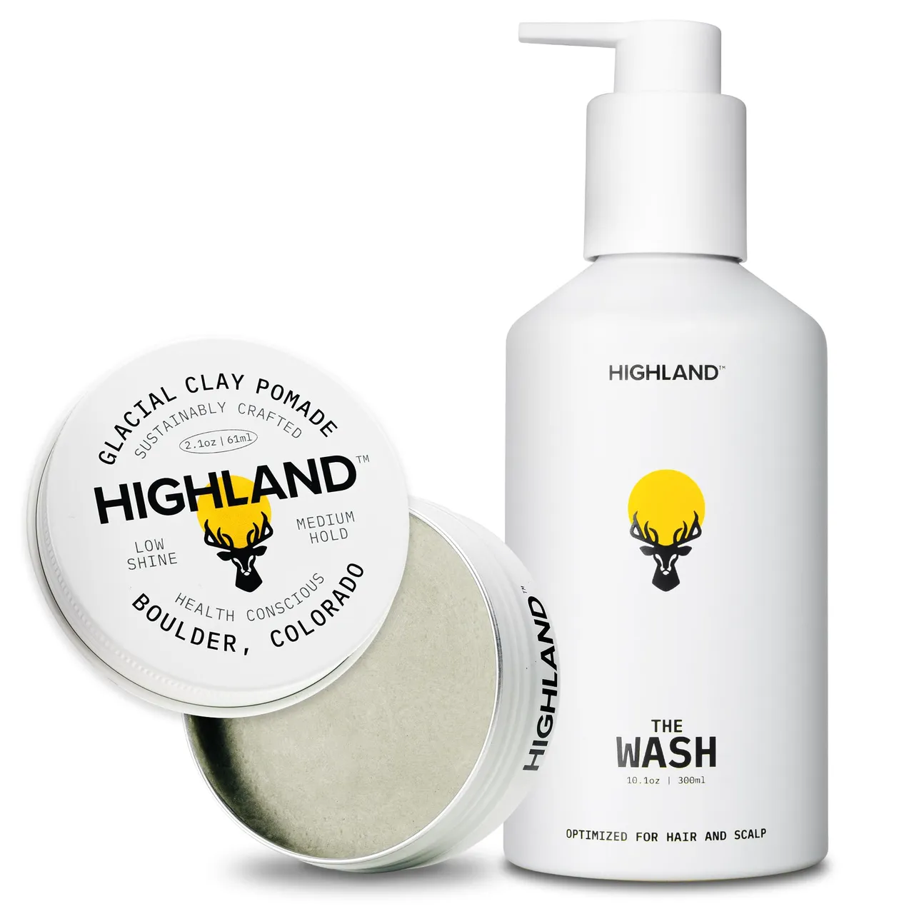 Highland حزمة العناية الطبيعية بالشعر بوماد الطين الجليدي ثبات متوسط ولمسة مطفية 9 مكونات نباتية وغسول Wash النباتي بالكافيين والبروتين مرطب بدون سلفات
