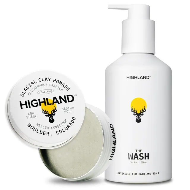 Highland Natural Hair Care Bundle – Glacial Clay Pomade (Medium Hold, Matte Finish, 9 Botanical IngredientsThe Wash Botanical Cleanser (Caffeine, Protein-Rich, Hydrating, Sulfate-Free