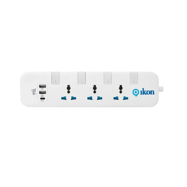 Ikon 3 Way Power Extension Socket with 2 USB-A and 1 USB-C Ports, 3 Mtr