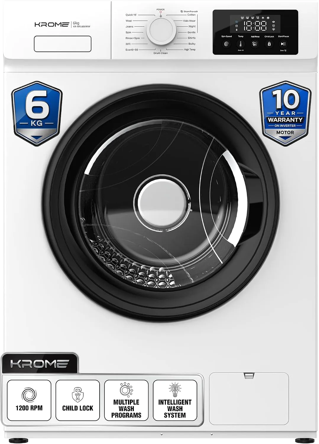 Krome غسالة تحميل أمامي KR-WFL606WIW مع محرك BLDC Inverter بسرعة 1200 RPM كفاءة طاقة فئة A بخار 3D وتعقيم بدرجة حرارة عالية 15 برنامج غسيل تصميم نحيف