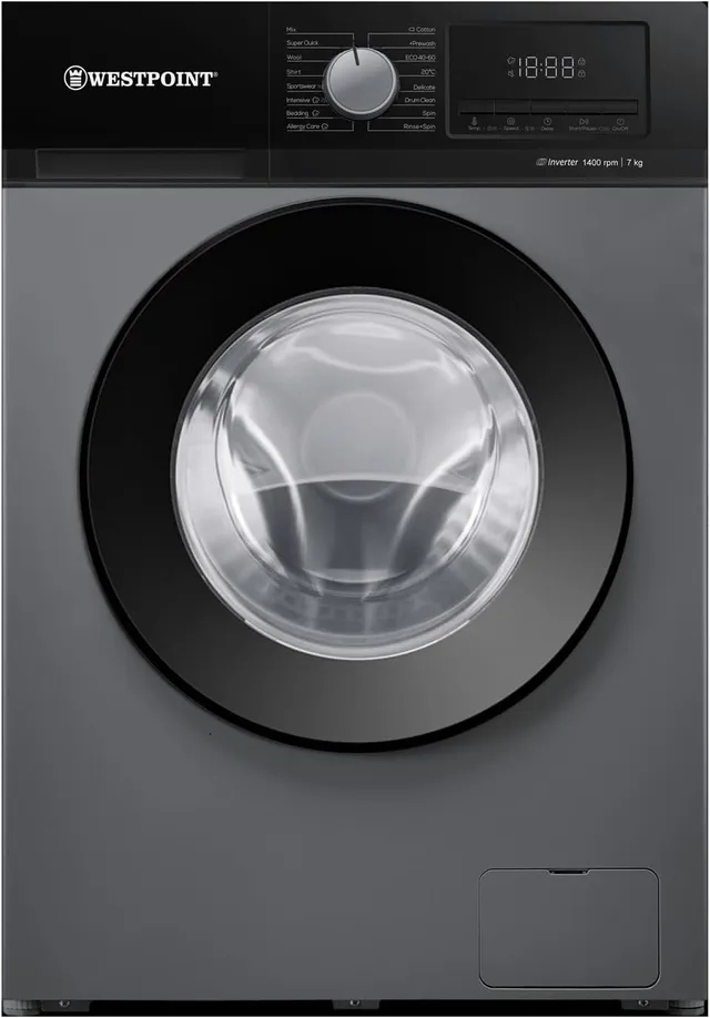 Westpoint Front Load Washing Machine Fully Automatic with INVERTER MOTOR, 1400 RPM, 16 Easy Washing Programs, Delay Start, Quick Wash in 15 Min, Led Control Panel WMT-714A25S Silver