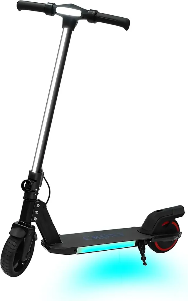 crony Kids Foldable E-Scooter With LED Light Bar, RGB Deck Lights, Electronic Brake, LED Display, Accelerator & Extended Footrest For Ages 5-12, Max Load, Black