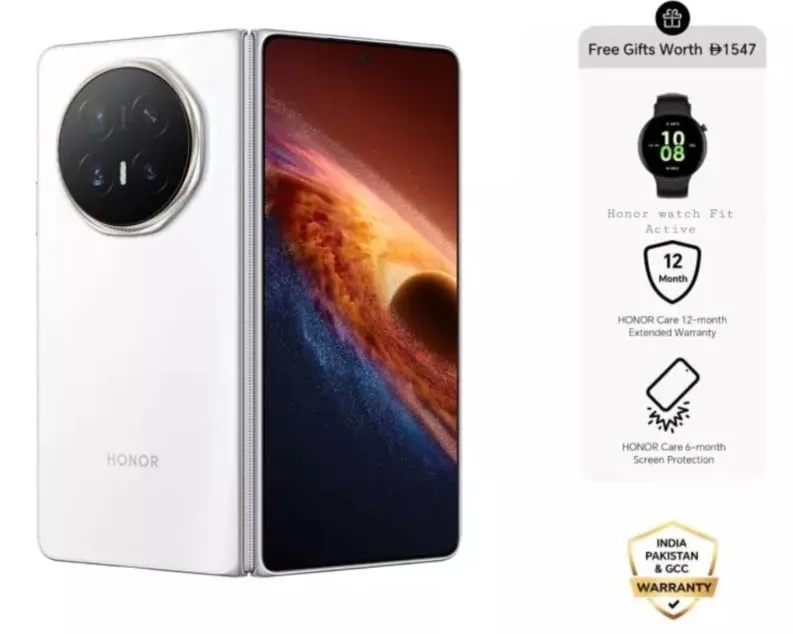 هاتف ذكي قابل للطي Magic V6، ثنائي الشريحة، رام 16GB، تخزين 512GB، 5G، أبيض مع Honor Watch Fit Active، ضمان حماية الشاشة 6 أشهر وضمان ممدد 12 شهر