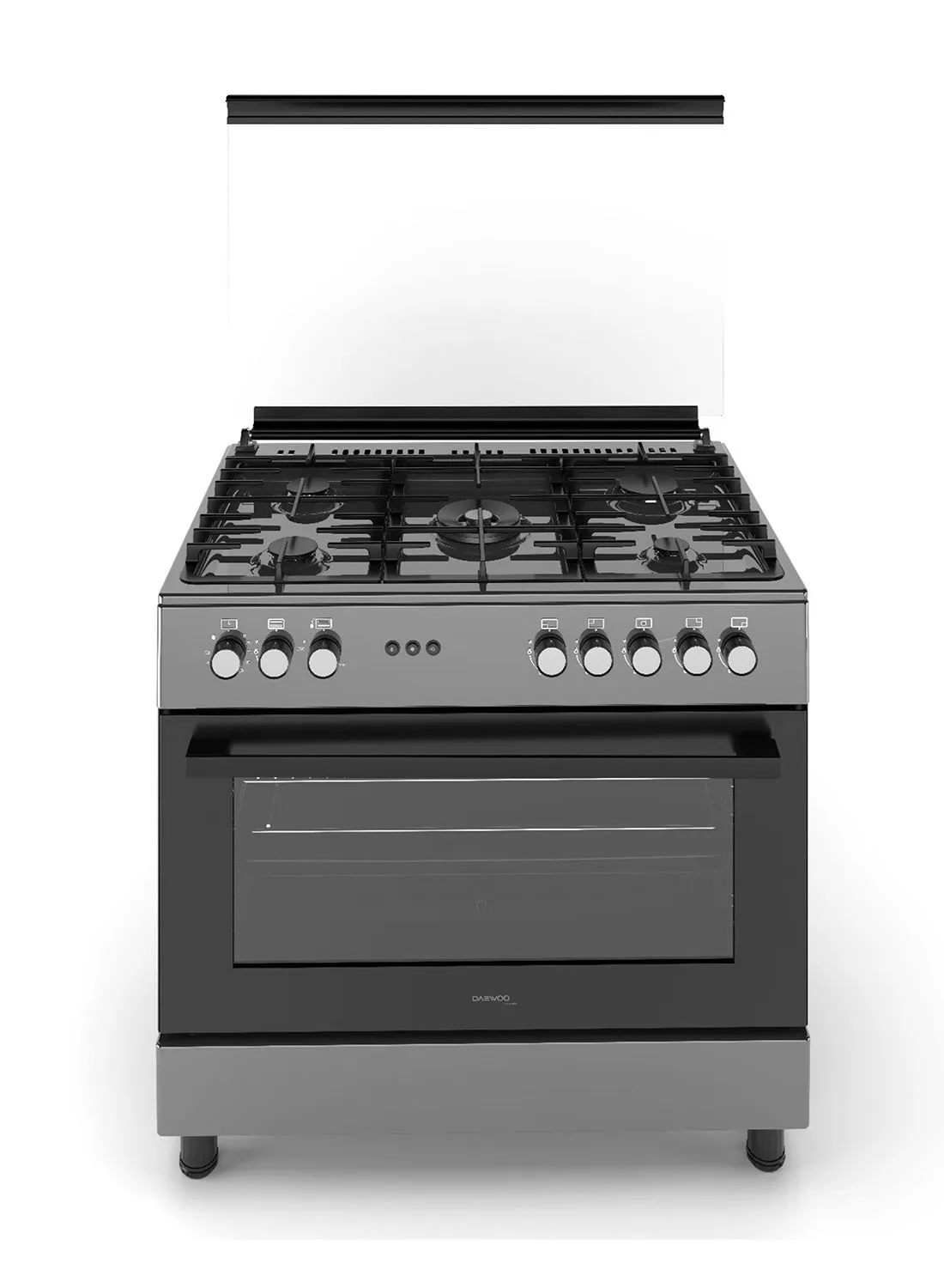 Daewoo طباخ غاز قائم بذاته 90x60cm، 5 شعلات غاز Sabaf، مروحتان توربو، مروحة تبريد، سيخ شواء BBQ دوار، شواء بباب مغلق، فرن غاز وشواية غاز، تجويف فرن حفزي من 3 جوانب - صنع في Türkiye - ضمان 1 سنة، DGC-9060PSI بلمسة نهائية Smoke Inox