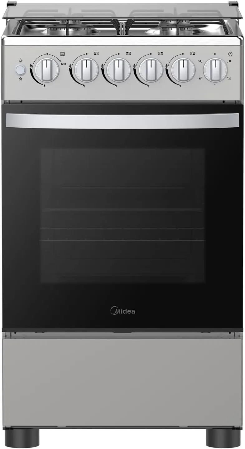Midea طباخ قائم بذاته 50x55cm، فرن غاز كامل بـ 4 شعلات، ستانلس ستيل، إشعال تلقائي وأمان كامل، دعامات حديد زهر، مقابض مقاومة للحرارة - MFO-MG20TESS-FFD
