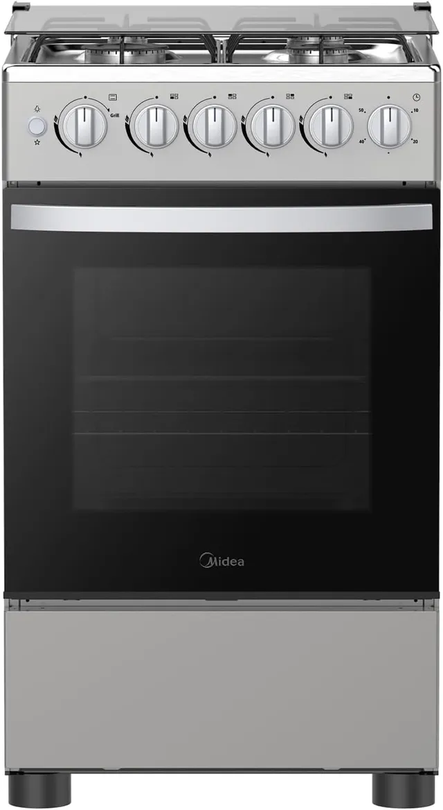 Midea 50x55cm Freestanding Cooker, Full Gas Cooking Range With 4 Burners, Stainless Steel, Automatic Ignition & Full Safety, Cast Iron Pan Support, Heat Resistant Knobs - MFO-MG20TESS-FFD