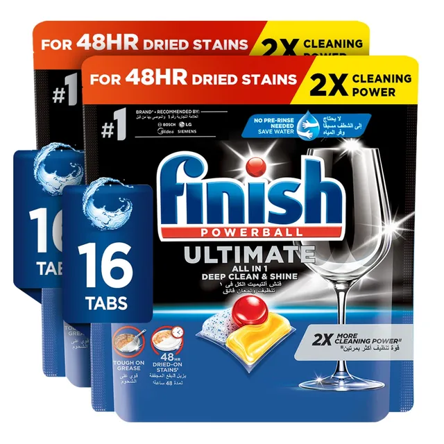 Finish Ultimate Dishwasher Tablets Lemon Sparkle Scent 2x More Cleaning Power 32 Tabs