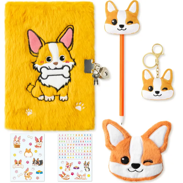 Cy2Side Corgi Dog Diary Set - 6PCS Corgi Diary with Lock and Keys for Girls, Corgi Plush Secret Journal Diary Journaling Set for Writing, Make Your Own Scrapbook with Crafts Idea Gift for Teen Girls