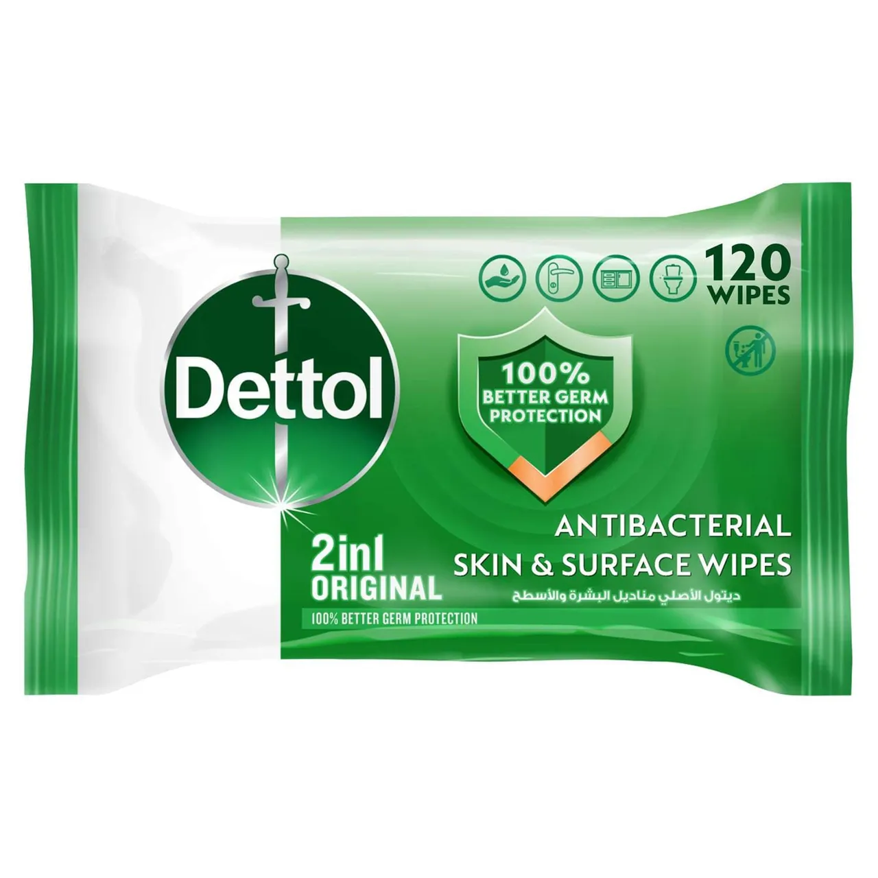 Dettol مناديل أصلية 2 في 1 مضادة للبكتيريا للبشرة والأسطح 120 pcs