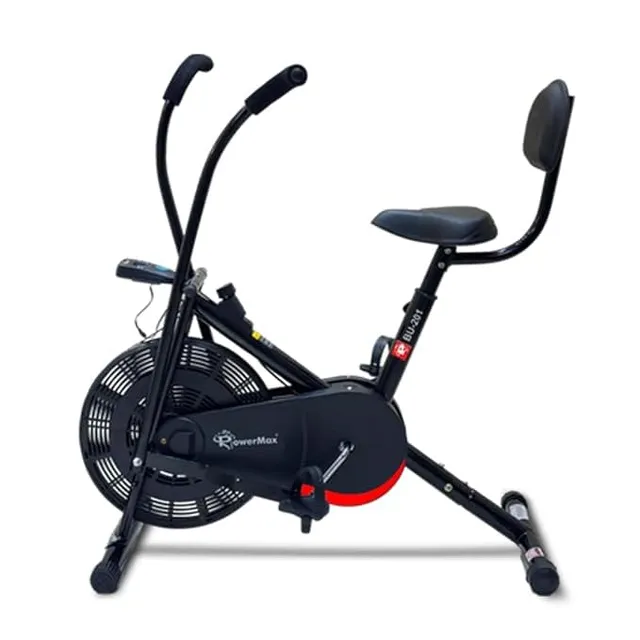 Powermax Fitness BU-201 Dual Action Air Bike/Exercise Bike For Home, Gym Cycle For Workout With Adjustable Cushioned Seat, Non-Slip Pedals, Moving Handles Black Gym Bike, Max User Weight