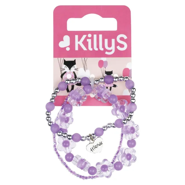 Killys Kids Purple Bracelets, Flower Beaded Stretch Bracelets with Heart Charm, Purple