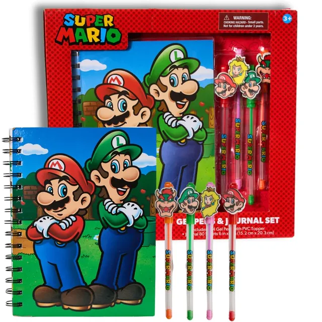 Innovative Designs Nintendo Super Mario Journal Set with Pens for Kids, Boys, and Girls, 80 Lined Page Spiral Notebook with 4 Colored Gel Pens - Mario and Luigi