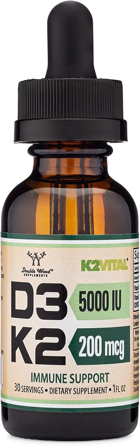 Double Wood Supplements Vitamin D3 K2 5,000 Iu Liquid Drops (5,000 Iu Of D3 And 200MCG Of 99.9% All-Trans Patented K2MK-7 (K2Vital)) Max Absorption Liquid Vitamin D Drops For Kids And Adults