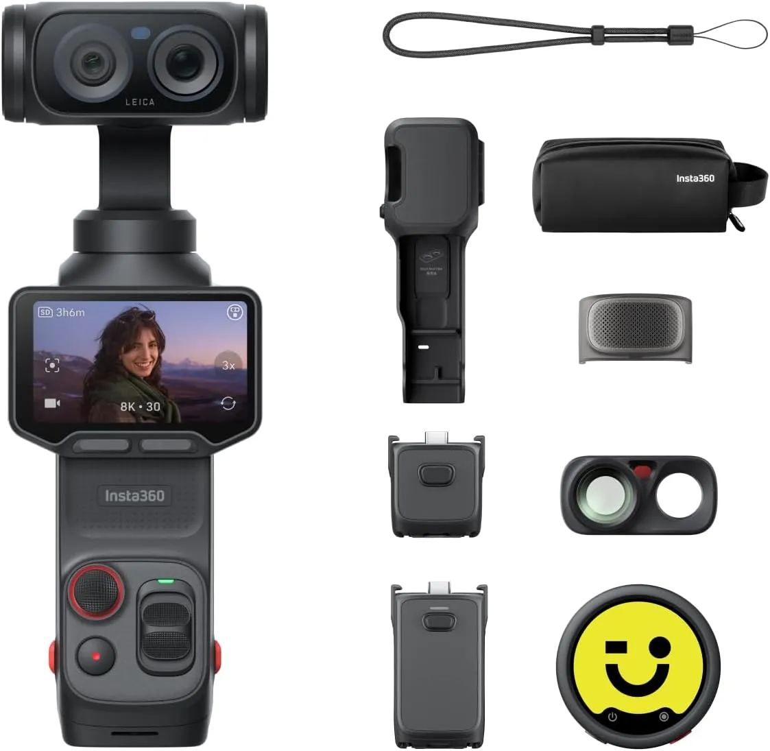 Insta360 حزمة Luna Ultra Creator كاميرا جيمبل بحجم الجيب 8K مع نظام عدسات Leica المزدوجة طقم قياسي + مقبض بطارية + Mic Pro Tx + عدسة واسعة الزاوية + حقيبة حمل لصناع المحتوى أسود
