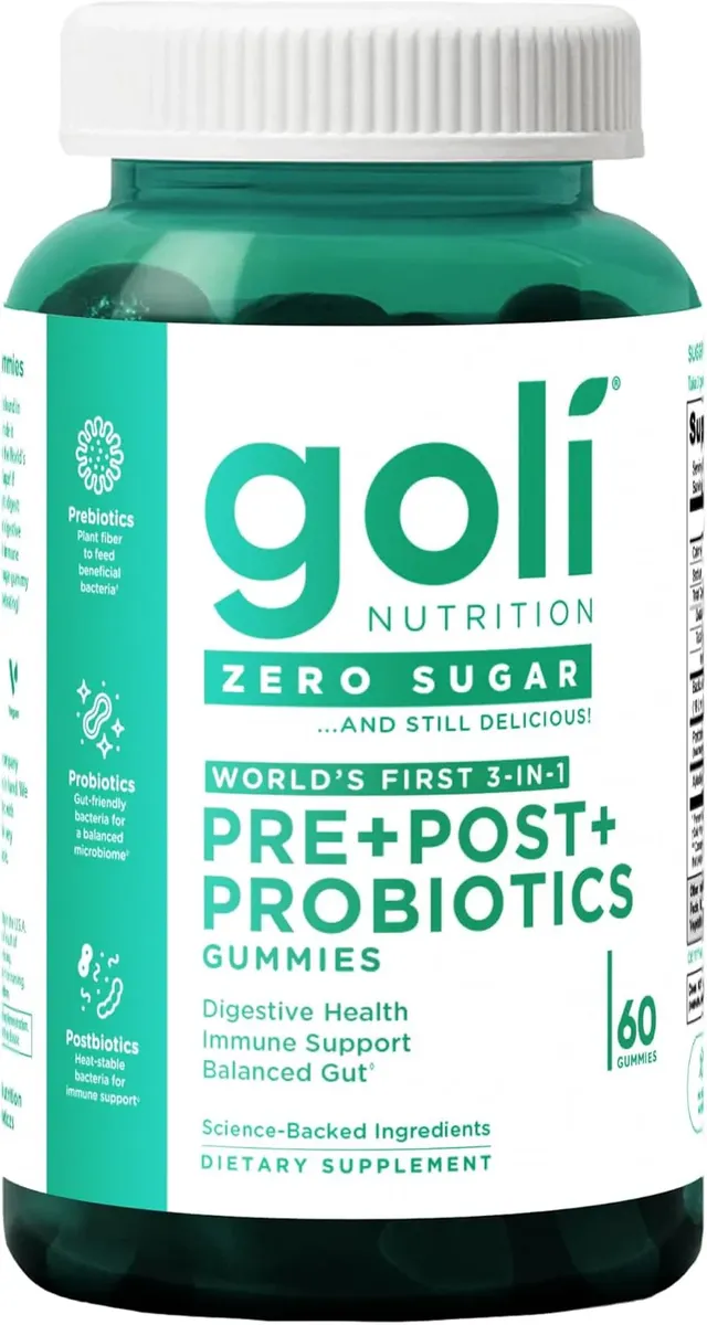 goli Zero Sugar Pre, Post, Probiotic Gummies. World's First 3-in-1 Gluten-Free, Vegan, Non-GMO, and Gelatin-Free